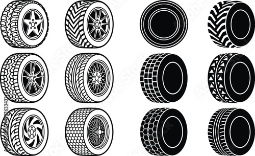 Set of car tire vector illustrations with different tread patterns and wheel styles isolated on white background
