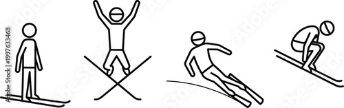Skiing activity icons set with skier poses downhill jump and winter sport line vector illustration