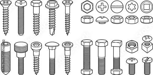 Set of screws bolts and nuts outline vector with various fastener types and head styles isolated