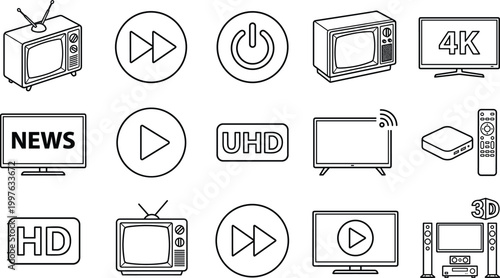 Television media icons set with TV screens remote control play buttons UHD HD and broadcast symbols vector