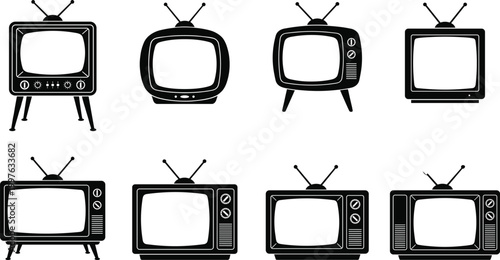 Vintage television set collection retro TV silhouettes with antennas isolated vector icons for media broadcast and nostalgia design
