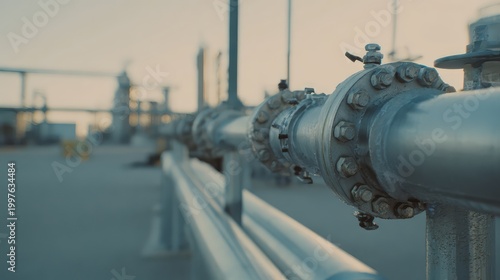 Industrial pipeline infrastructure connecting metal flanges at facility