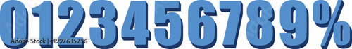 Blue 3 d numbers and percent sign, 0-9 digits