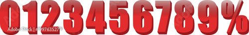 Red 3 d numbers and percent sign on white background
