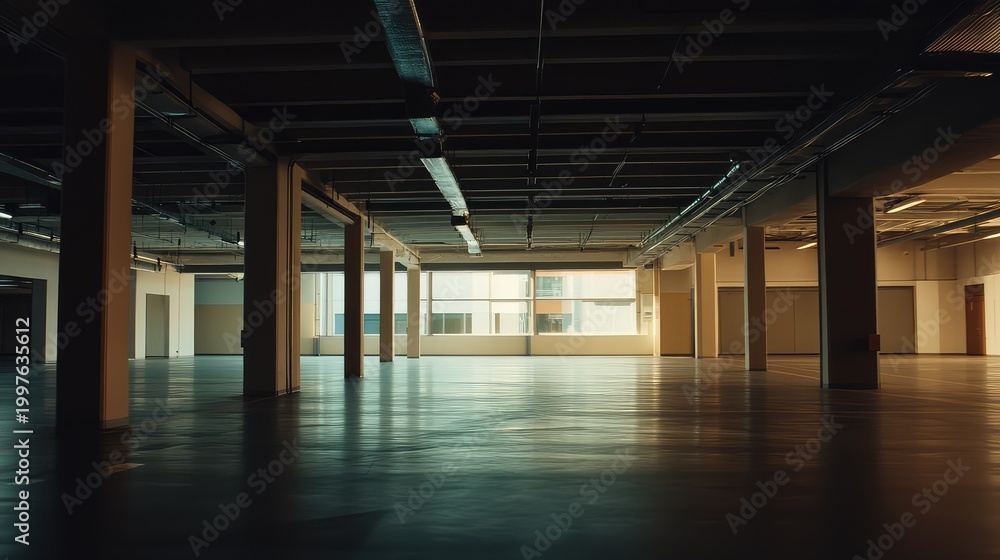 Fototapeta premium Spacious long empty industrial hall with concrete pillars and a high ceiling, featuring large windows allowing natural light to illuminate the reflective floor