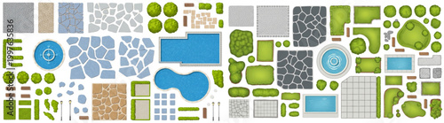 Top View Landscape Architecture Design Elements Vector Set with Fountain Pool and Paving Textures for Garden Plans