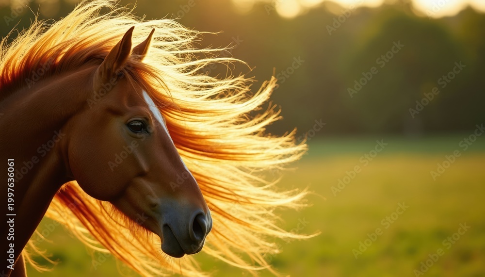 Fototapeta premium Horse mane flows in wind during golden hour sunset. Brown equine head with flowing hair. Green grassy field backdrop. Warm light emphasizes movement.