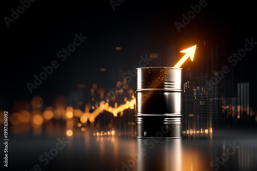 Rising oil prices concept with barrel and glowing upward graph, energy market growth and global economic trends
