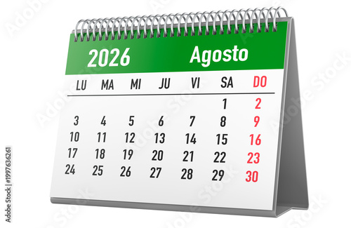 Desk calendar for August 2026 in Spanish layout. 3D rendering