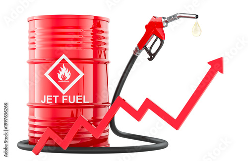 Jet fuel barrel with nozzle and rising price arrow. 3D rendering