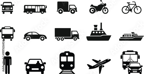 Black silhouette icons diverse transportation modes cars boats trains and planes