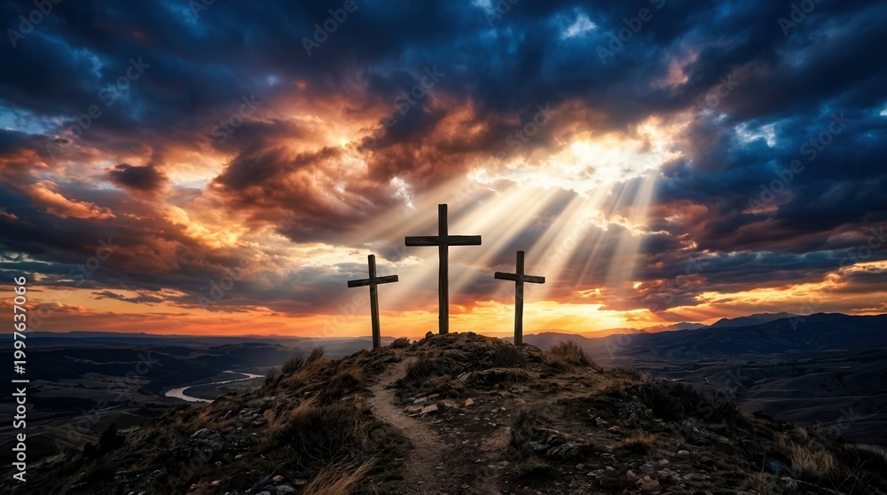 Obraz premium Three crosses on a hilltop at sunset with light rays