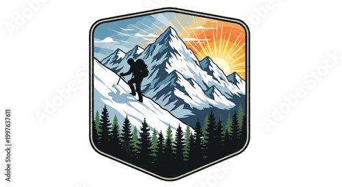 Mountain climber silhouette ascending snowy peak with sunrise graphic