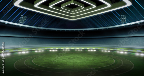 Soccer event, virtual studio background. Game concept stage backdrop, Ideal for football news, live tv shows, or sport product commercials. A 3D rendering template, suitable on green screen VR sets