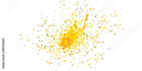 Abstract yellow and orange pixel explosion pattern with scattered digital squares