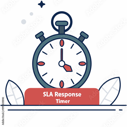 Sla response timer with stopwatch and red label on white background clock