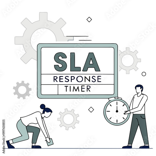 People working with sla response timer and gears on white background