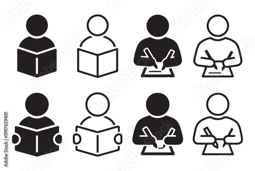 Set of education icons featuring people reading books and writing on paper in solid and thin line styles, student study and literacy vector symbols.
