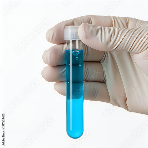 Hand holding blue liquid test tube