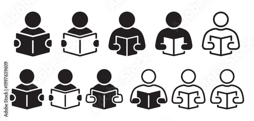 Set of people reading books icons in flat solid and thin line styles, student and education vector symbols for literacy and learning.