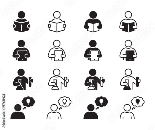 Set of education and science icons featuring people reading, using tablets, conducting laboratory research, and having creative ideas in thin line and solid styles.