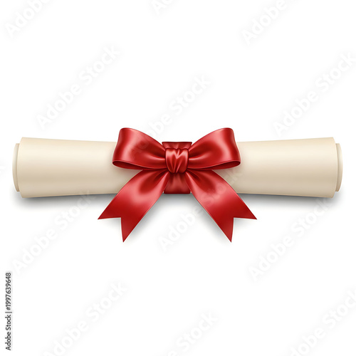 A white rolled document with a red bow