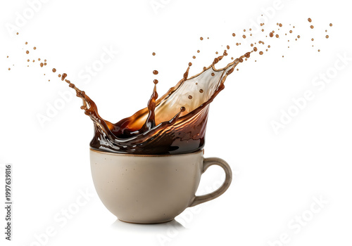 Coffee splashing out of a gray cup