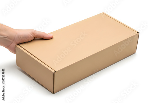 Hand holding a large brown cardboard box