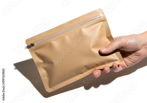A hand holding a brown resealable pouch