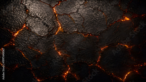 Abstract volcanic background with glowing orange lava flowing through dark cracked rocks.