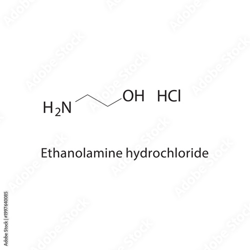 Ethanolamine hydrochloride skeletal structure. salt compound schematic illustration. Simple diagram, chemical formula.