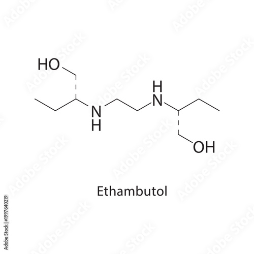 Ethambutol skeletal structure. antitubercular compound schematic illustration. Simple diagram, chemical formula.