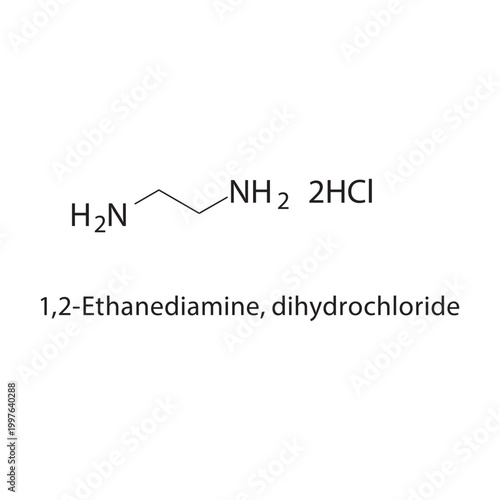 1,2-Ethanediamine dihydrochloride skeletal structure. salt compound schematic illustration. Simple diagram, chemical formula.