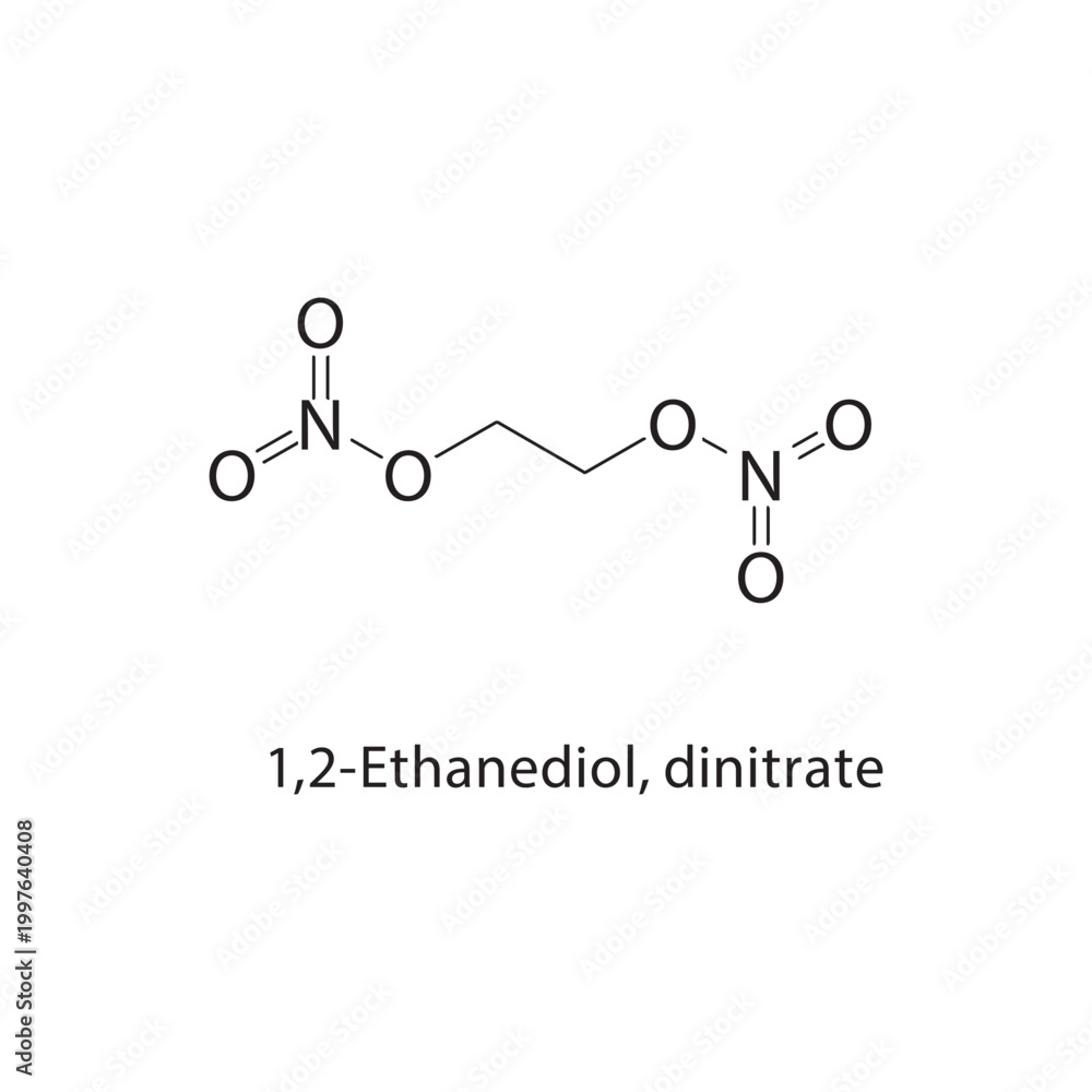 Fototapeta premium 1,2-Ethanediol dinitrate skeletal structure. nitrate compound schematic illustration. Simple diagram, chemical formula.