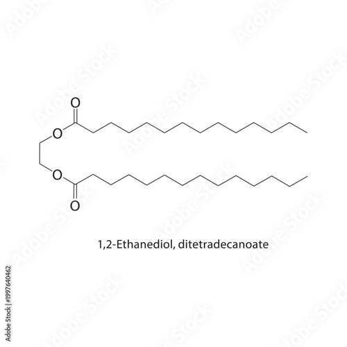 1,2-Ethanediol ditetradecanoate skeletal structure. ester compound schematic illustration. Simple diagram, chemical formula.