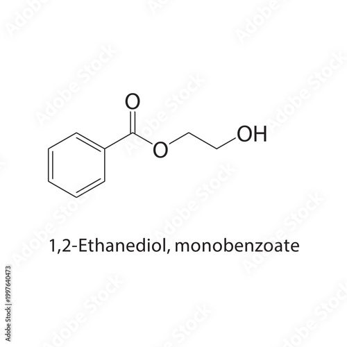 1,2-Ethanediol monobenzoate skeletal structure. ester compound schematic illustration. Simple diagram, chemical formula.