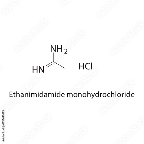 Ethanimidamide monohydrochloride skeletal structure. salt compound schematic illustration. Simple diagram, chemical formula.