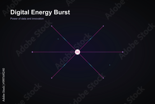 Digital energy burst with glowing data lines, futuristic innovation power concept, abstract purple and blue network connection on dark background