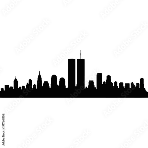 Silhouette of the New York City skyline featuring the Twin Towers and other buildings.