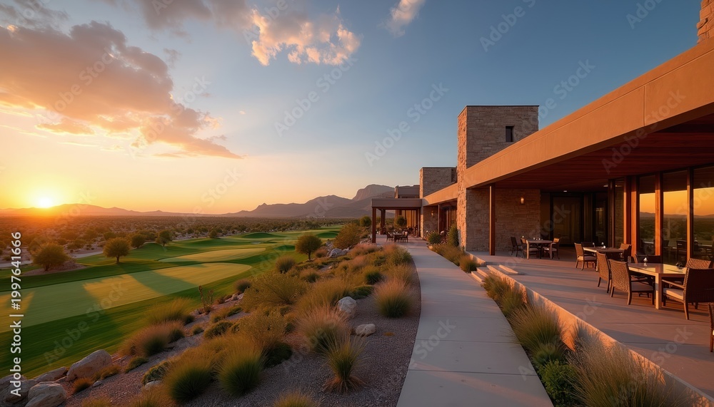 Fototapeta premium Modern home with patio overlooks desert golf course at sunset. Buildings have stone walls and wood accents. Warm light reflects off glass windows.