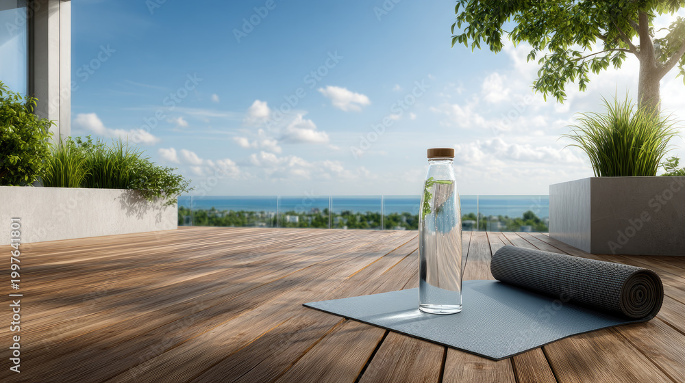 Naklejka premium Glass of water and a rolled yoga mat on a modern rooftop terrace overlooking a city skyline, promoting wellness, hydration, and a healthy summer lifestyle
