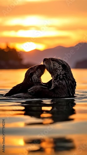 Sea Otters Floating Together at Sunset.
