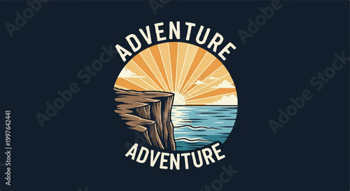 Adventure emblem illustration cliff sun and ocean design on dark background