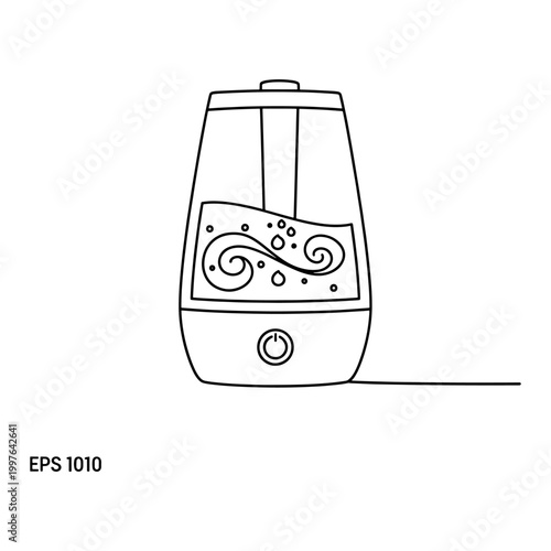 A simple line drawing depicts a modern humidifier appliance in a stark black silhouette