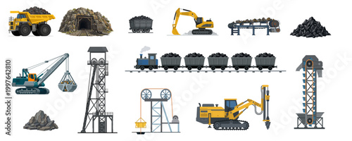 Collection of mining equipment and resources for industrial extraction and transport