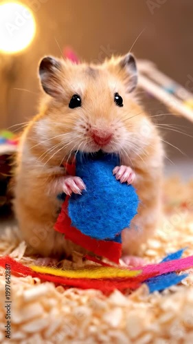 Cute Hamster Playing with Colorful Toy in Cage.