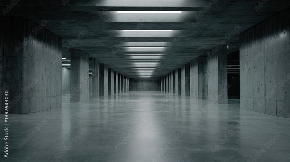 Fototapeta premium Empty concrete hall with a polished floor, illuminated by rectangular overhead lights, creating a clean, minimalist space that suggests a warehouse, garage, or industrial interior