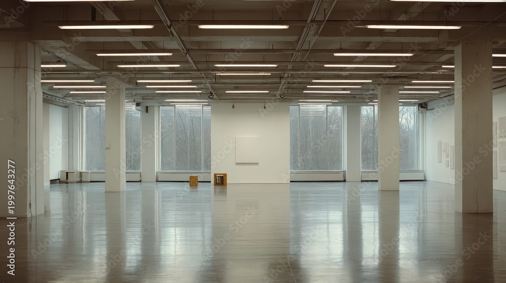 Fototapeta premium Spacious contemporary art gallery interior with minimalist design, high strip lighting, concrete columns, large windows and polished reflective concrete floors, bright and serene