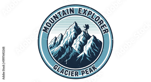 Mountain explorer emblem with glacier peak and silhouette