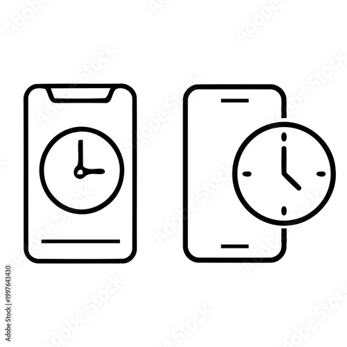 Schilderij op canvas Screen time limit outline icon set with clock on smartphones, black line symbols